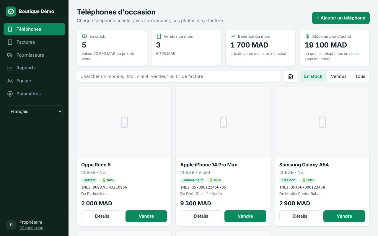 Écran Okaisse : téléphones en stock, vendus ce mois et bénéfice du mois